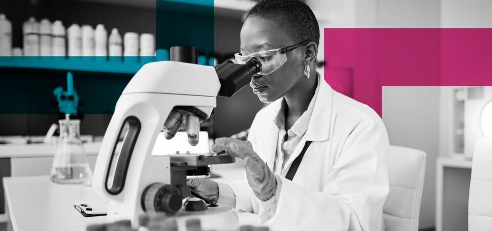 SINGLE-IMAGE_squares-science-laboratory-and-woman-on-microscope-for-blood-test-research_mar25